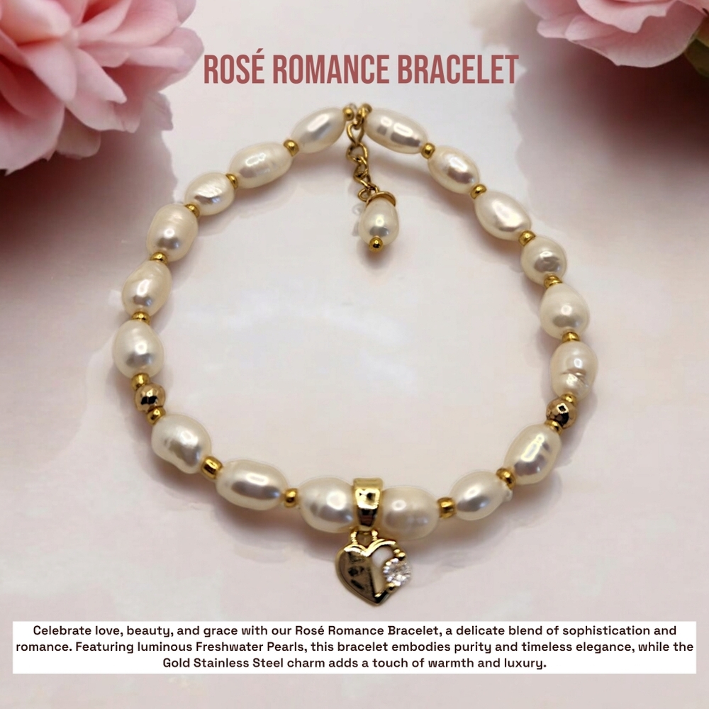 Freshwater Pearl Bracelet with Gold Stainless Steel Heart Charm